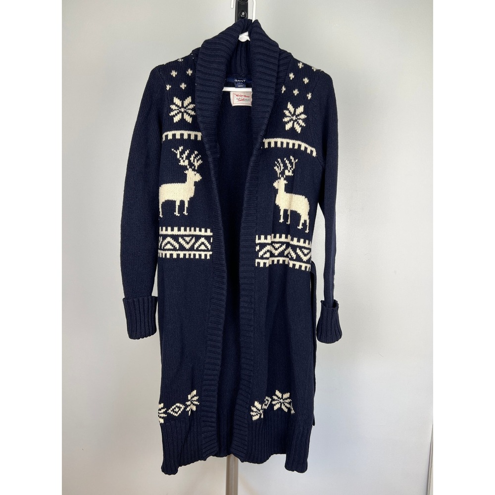 Gant Navy Blue 100% Merino Wool Reindeer Fair Isle Shawl Long Cardigan M